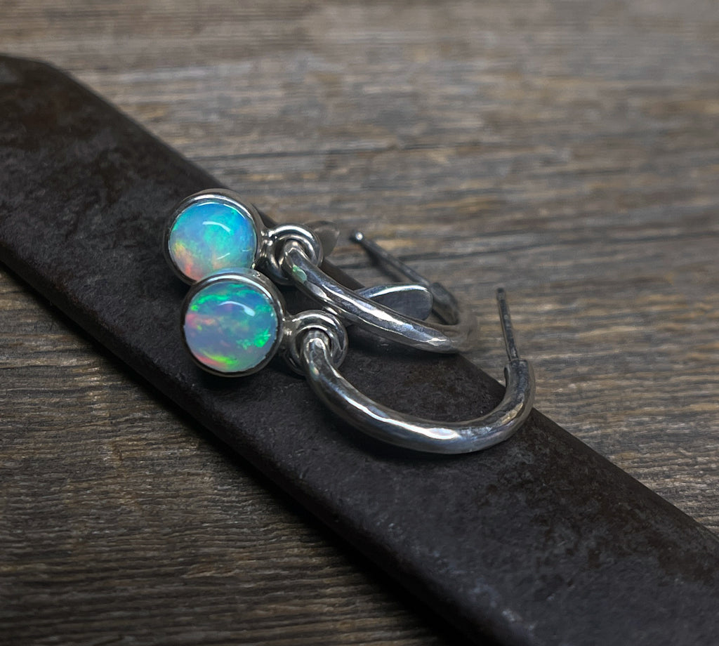 Opal Earrings, Hammered Hoop Earrings with Opal Charms, Sterling Silver, Ethiopian Opal, October Birthday Gift, Handmade Earrings
