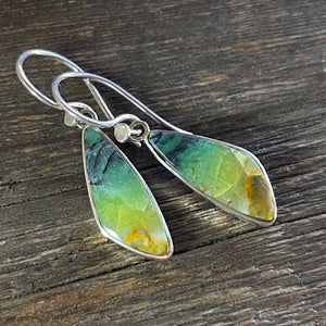 Indonesian Petrified Opalized Wood Earrings in Sterling Silver, Blue and Green Opal Dangle Earrings, Mother's Day Gifts