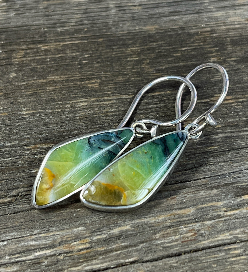 Indonesian Petrified Opalized Wood Earrings in Sterling Silver, Blue and Green Opal Dangle Earrings, Mother's Day Gifts