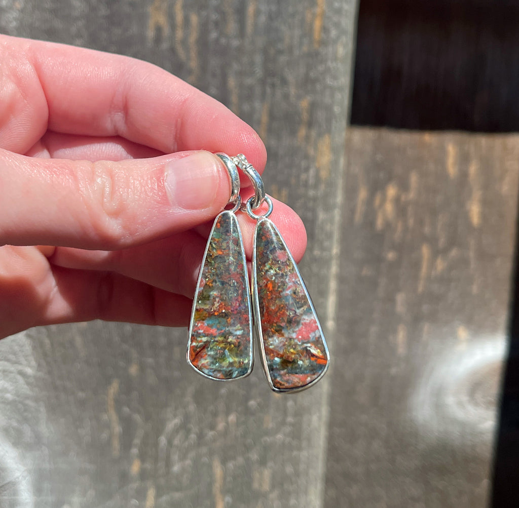 Opalized Wood Earrings in Sterling Silver, Colorful Opal Dangle Earrings, Handmade Gemstone Earrings, Gift for Her, Anniversary Gift