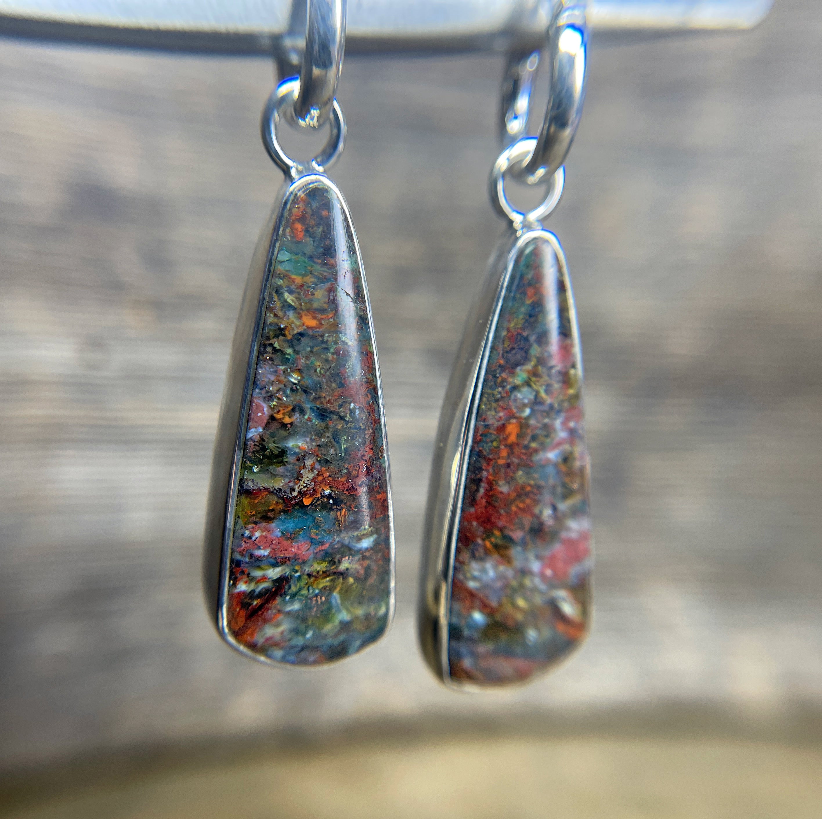 Opalized Wood Earrings in Sterling Silver, Colorful Opal Dangle Earrings, Handmade Gemstone Earrings, Gift for Her, Anniversary Gift