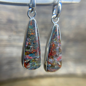 Opalized Wood Earrings in Sterling Silver, Colorful Opal Dangle Earrings, Handmade Gemstone Earrings, Gift for Her, Anniversary Gift