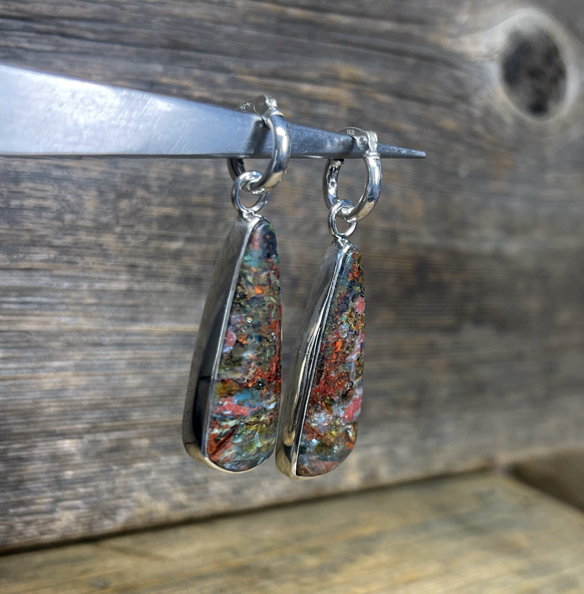 Opalized Wood Earrings in Sterling Silver, Colorful Opal Dangle Earrings, Handmade Gemstone Earrings, Gift for Her, Anniversary Gift