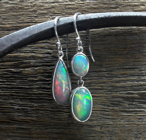 Opal Earrings, Mismatched Opal Earrings, Ethiopian Opal Dangle Earrings, Sterling Silver, Natural Opal Gemstone Earrings, Handmade Gift