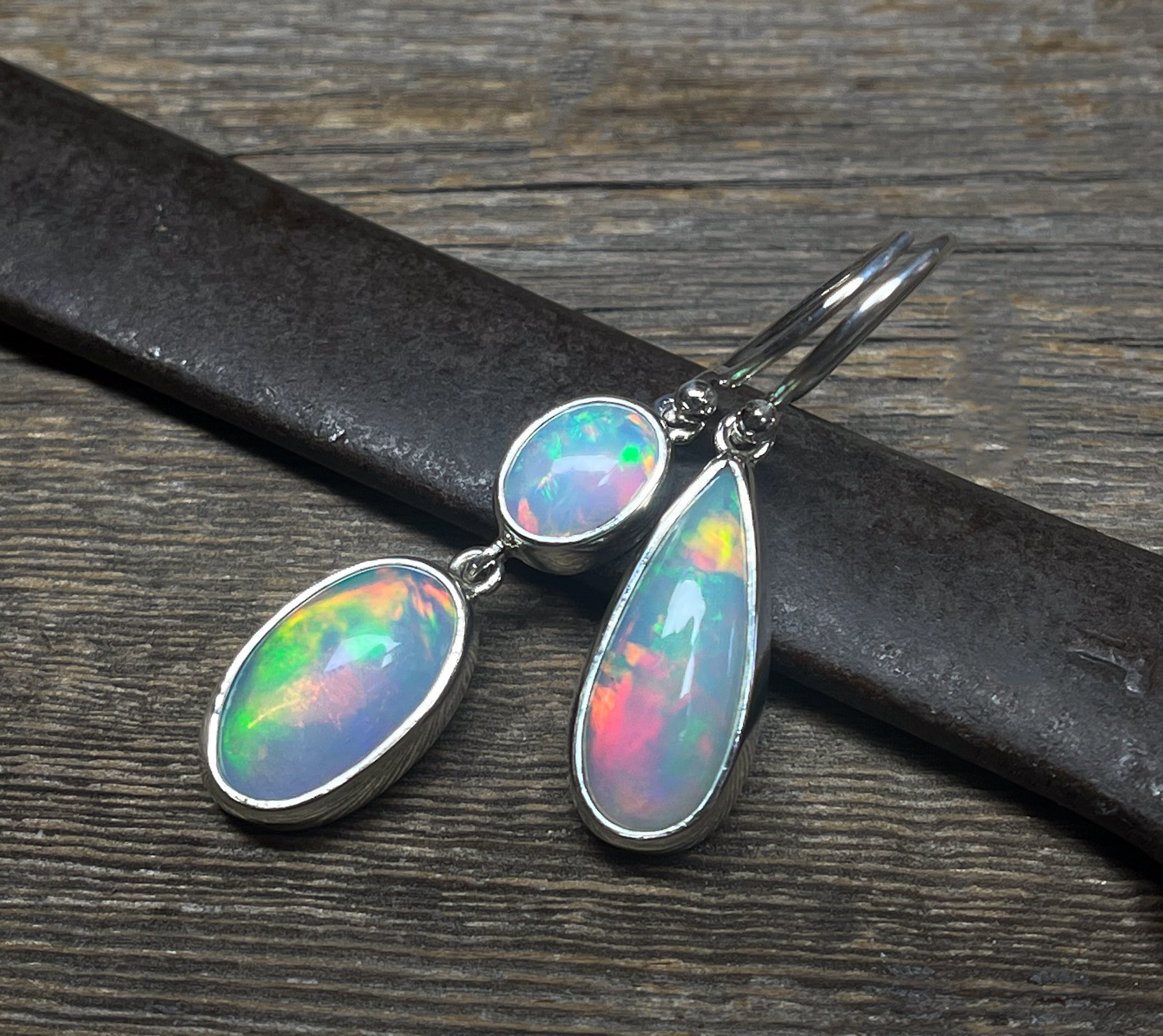 Opal Earrings, Mismatched Opal Earrings, Ethiopian Opal Dangle Earrings, Sterling Silver, Natural Opal Gemstone Earrings, Handmade Gift