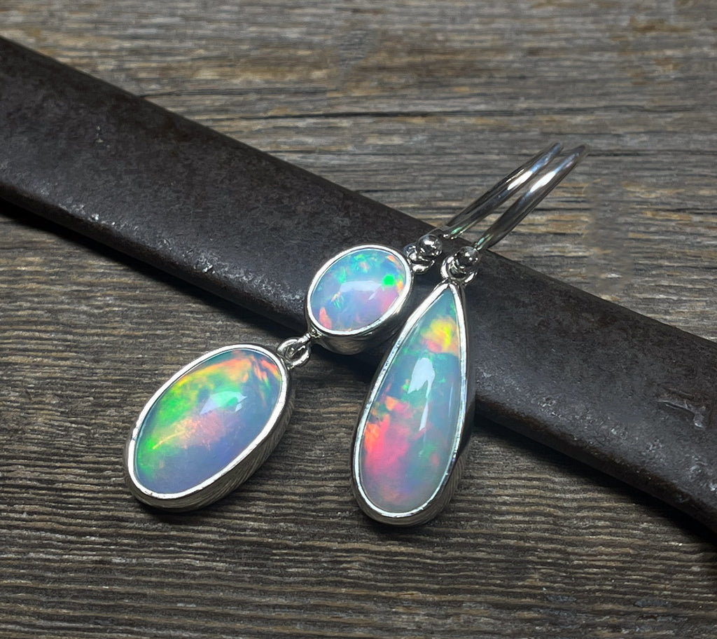 Opal Earrings, Mismatched Opal Earrings, Ethiopian Opal Dangle Earrings, Sterling Silver, Natural Opal Gemstone Earrings, Handmade Gift