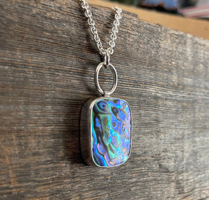 Abalone Pendant, Sterling Silver Handmade Abalone Bezel Statement Necklace, Colorful Rectangular Gemstone Necklace, Gift for Her