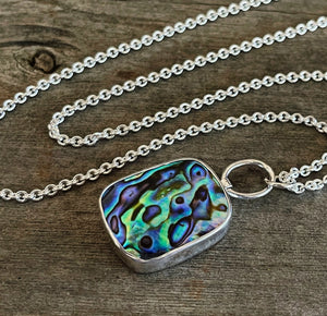 Abalone Pendant, Sterling Silver Handmade Abalone Bezel Statement Necklace, Colorful Rectangular Gemstone Necklace, Gift for Her