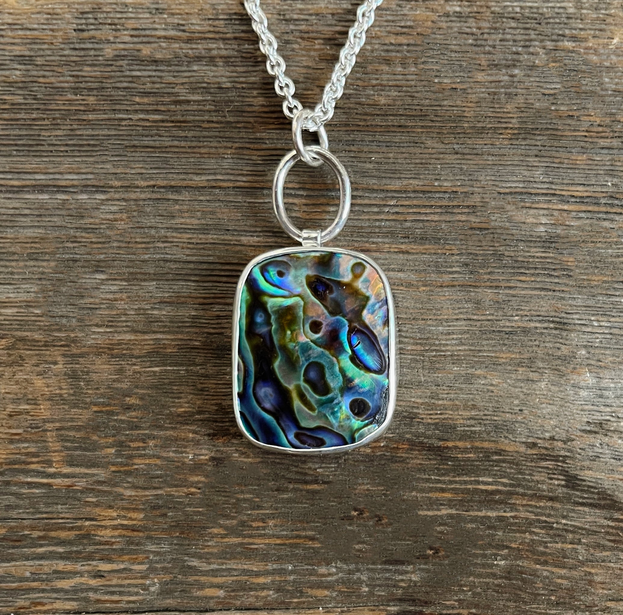 Abalone Pendant, Sterling Silver Handmade Abalone Bezel Statement Necklace, Colorful Rectangular Gemstone Necklace, Gift for Her