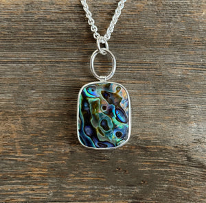 Abalone Pendant, Sterling Silver Handmade Abalone Bezel Statement Necklace, Colorful Rectangular Gemstone Necklace, Gift for Her