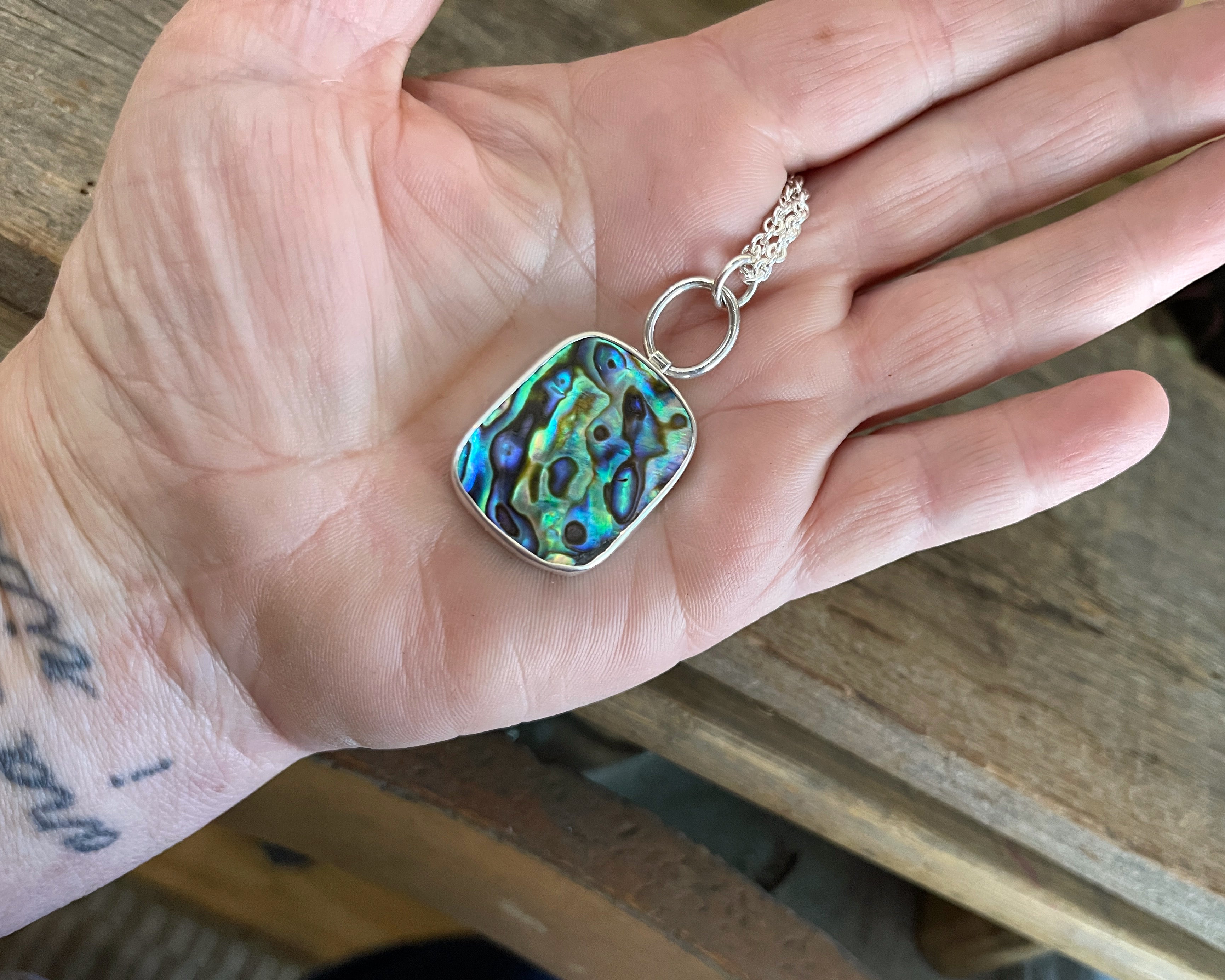 Abalone Pendant, Sterling Silver Handmade Abalone Bezel Statement Necklace, Colorful Rectangular Gemstone Necklace, Gift for Her