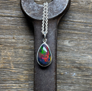 Black Opal Pendant, Natural Black Ethiopian Opal Necklace in Sterling Silver, October Birthstone, Handmade Opal Jewelry, Gift for Her