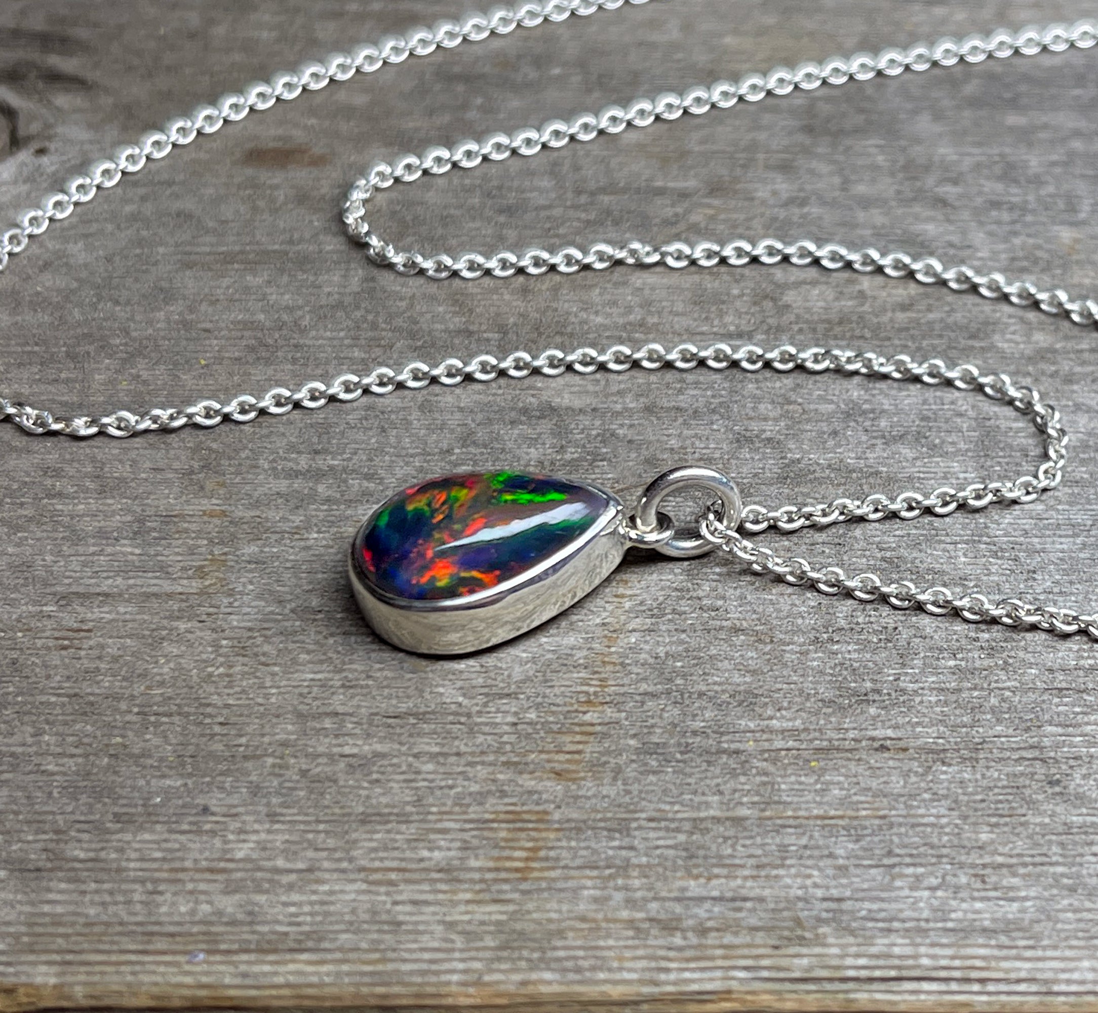 Black Opal Pendant, Natural Black Ethiopian Opal Necklace in Sterling Silver, October Birthstone, Handmade Opal Jewelry, Gift for Her