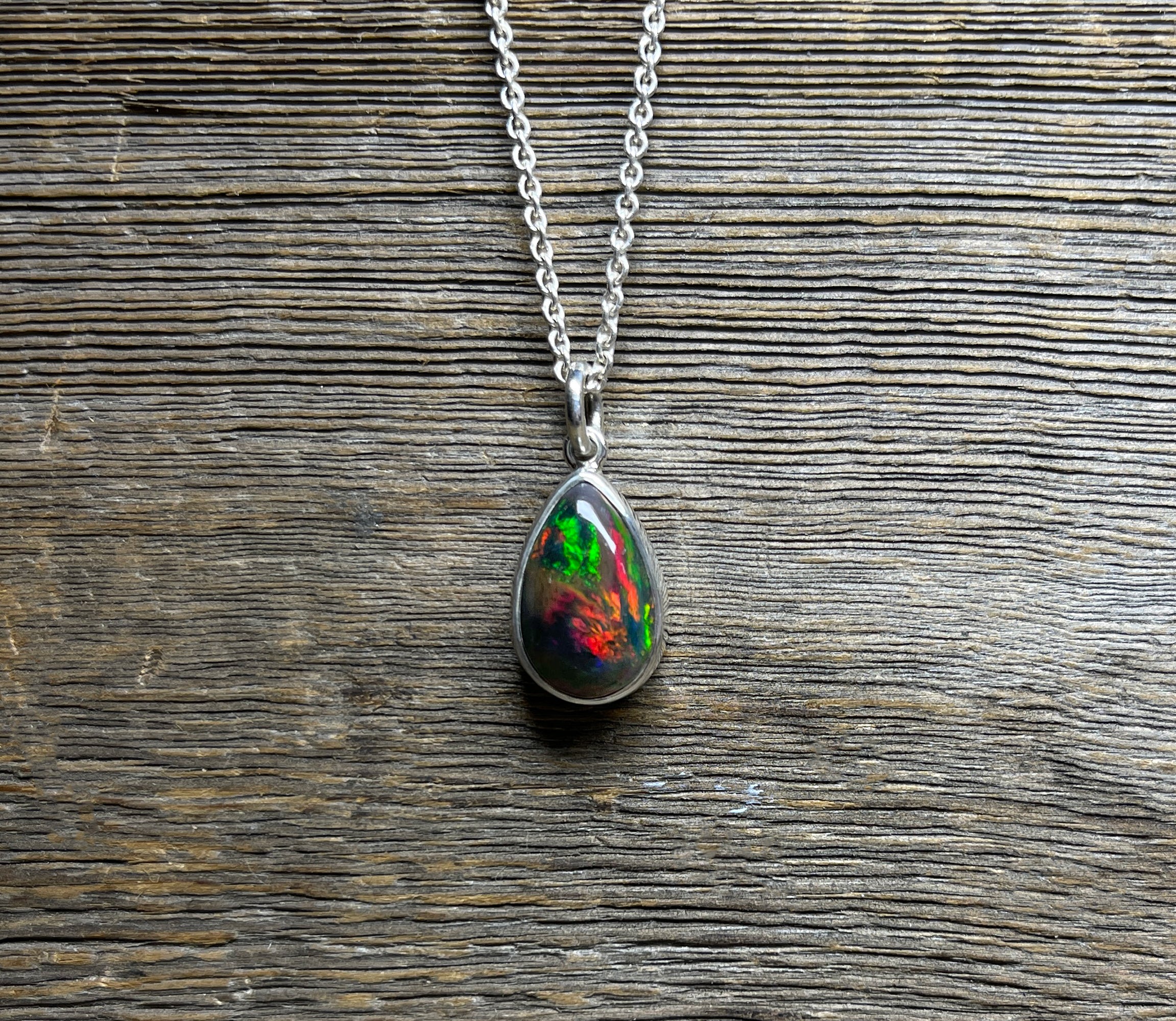 Black Opal Pendant, Natural Black Ethiopian Opal Necklace in Sterling Silver, October Birthstone, Handmade Opal Jewelry, Gift for Her