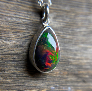 Black Opal Pendant, Natural Black Ethiopian Opal Necklace in Sterling Silver, October Birthstone, Handmade Opal Jewelry, Gift for Her