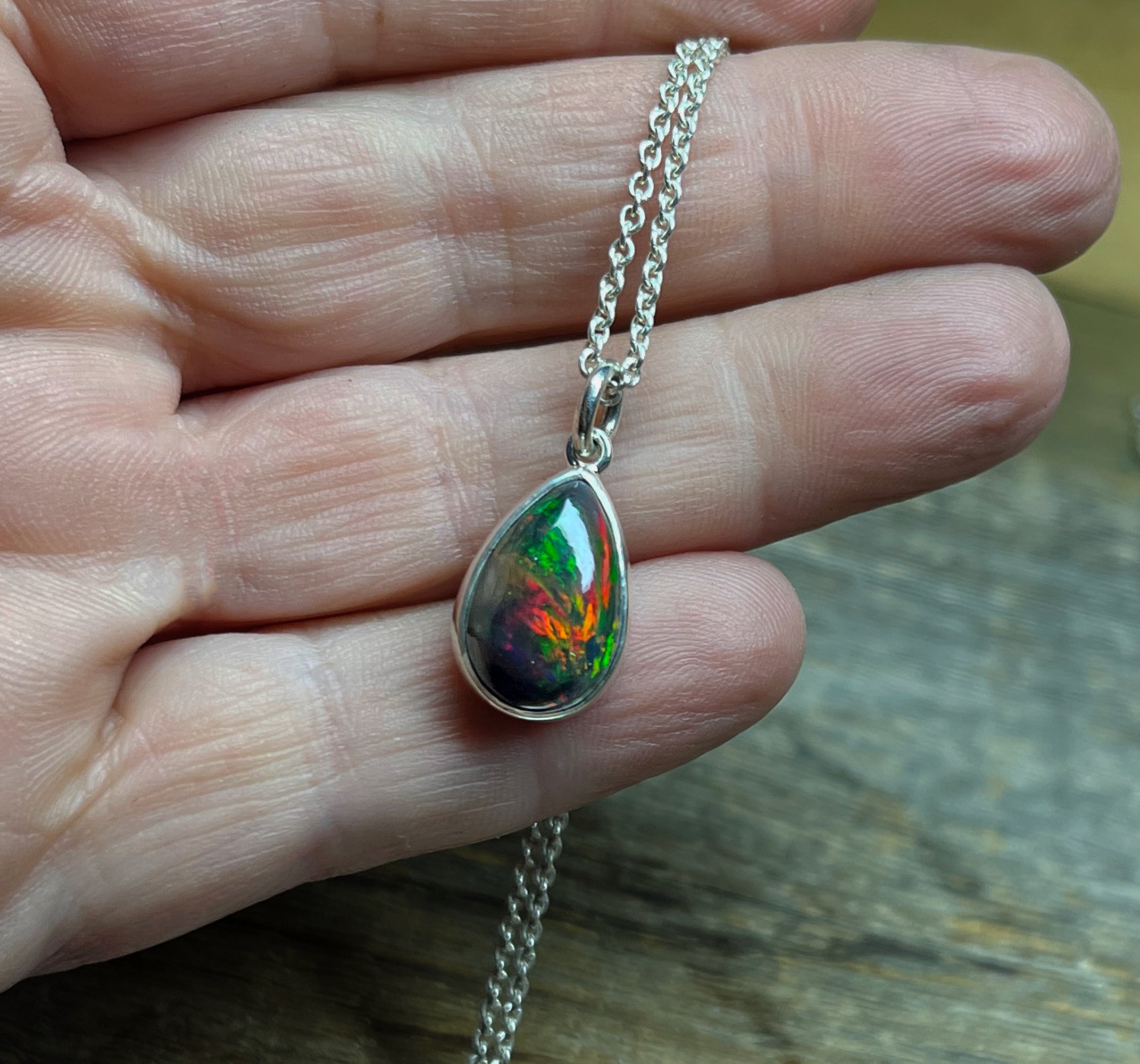 Black Opal Pendant, Natural Black Ethiopian Opal Necklace in Sterling Silver, October Birthstone, Handmade Opal Jewelry, Gift for Her