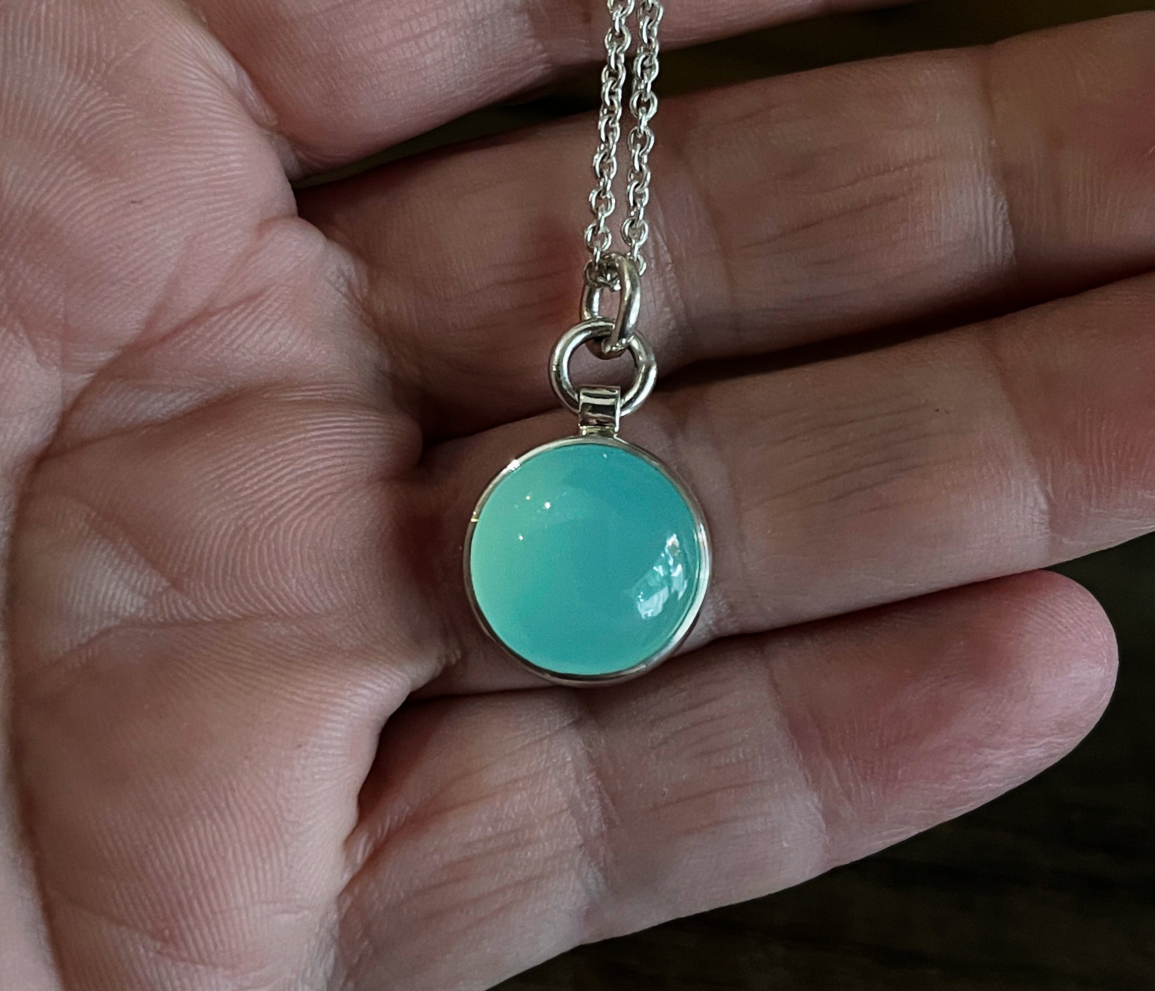 Chalcedony Necklace, Sterling Silver Smooth Cabochon Aqua Chalcedony Minimalist Pendant, Round Layering Necklace, Handmade Gift for Her