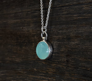 Chalcedony Necklace, Sterling Silver Smooth Cabochon Aqua Chalcedony Minimalist Pendant, Round Layering Necklace, Handmade Gift for Her