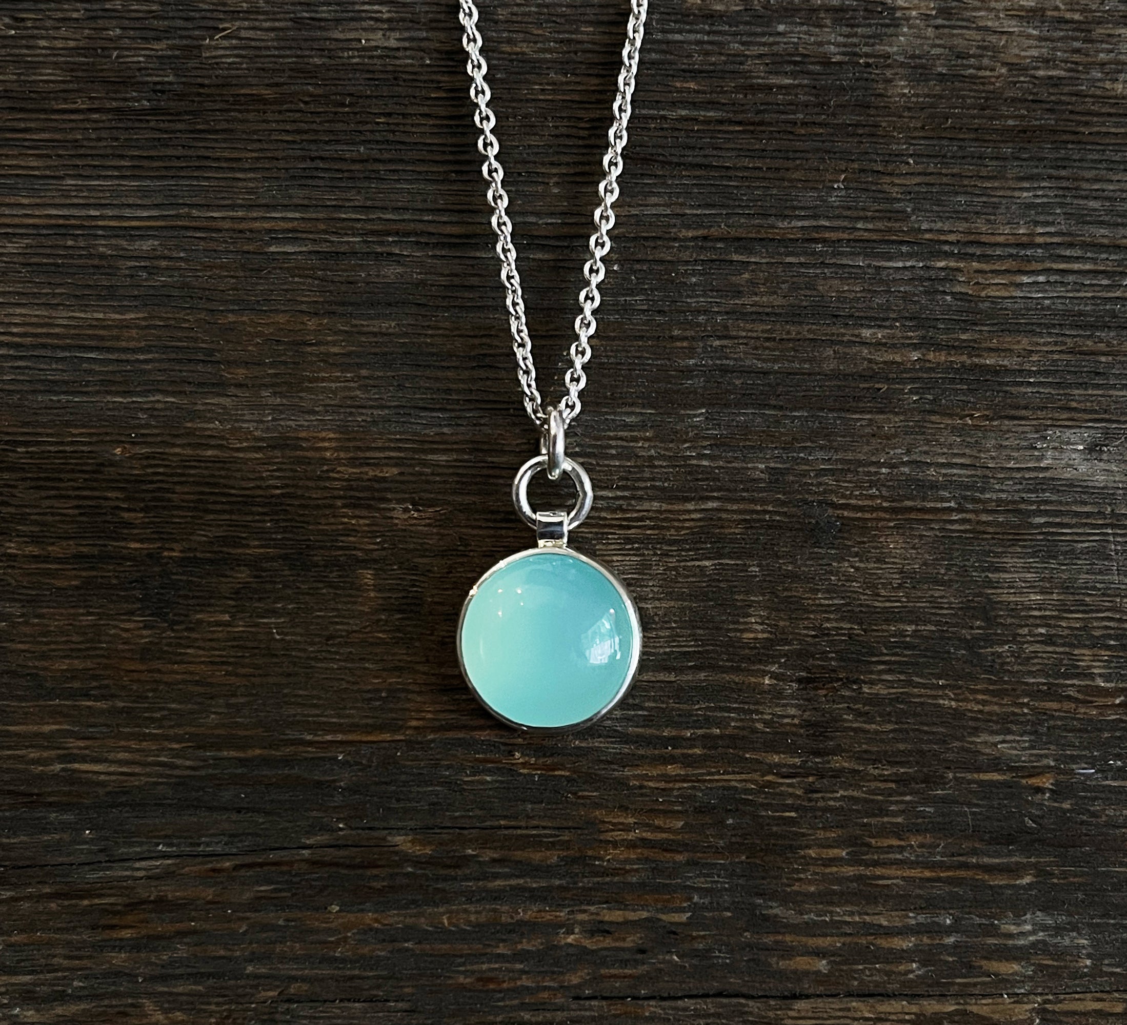 Chalcedony Necklace, Sterling Silver Smooth Cabochon Aqua Chalcedony Minimalist Pendant, Round Layering Necklace, Handmade Gift for Her