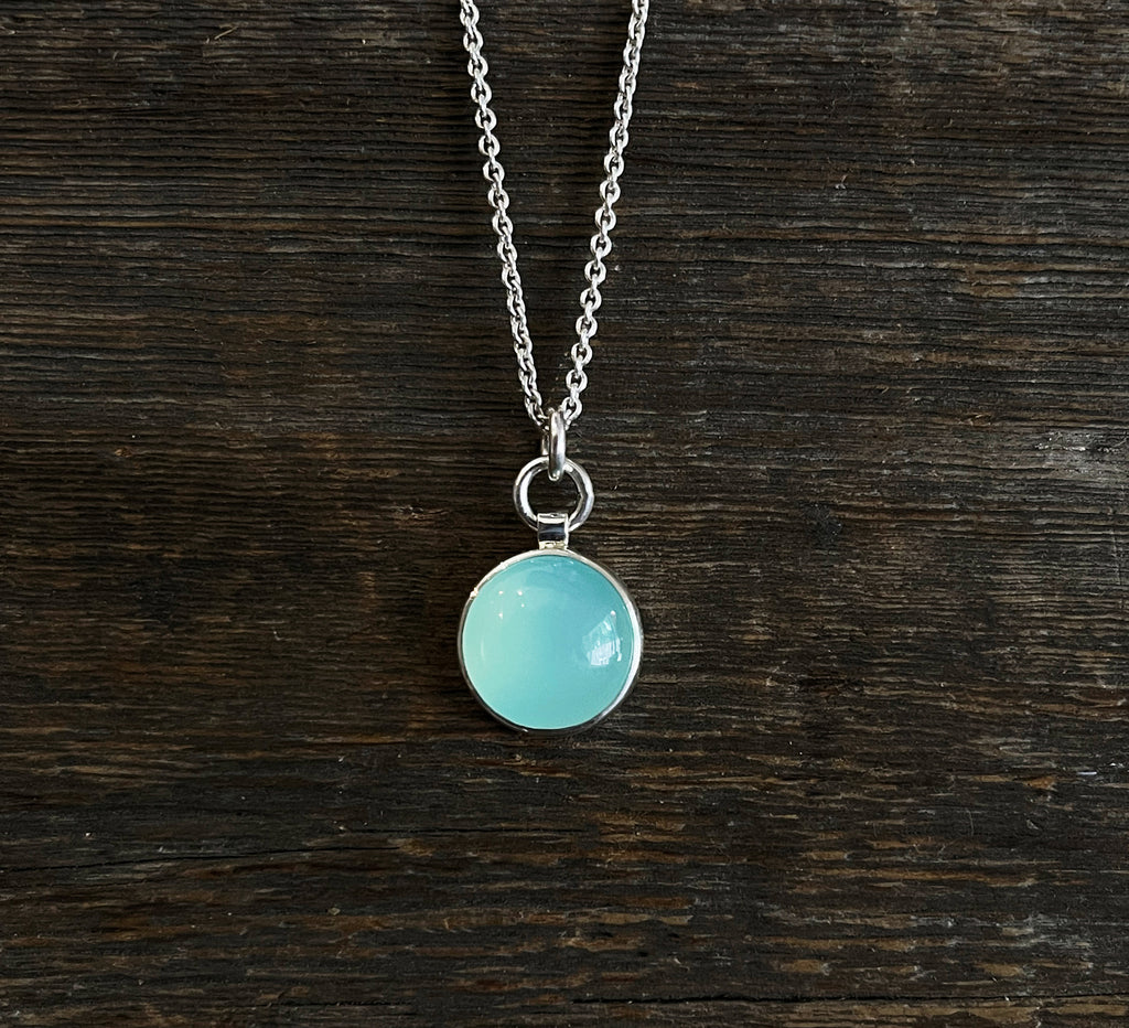 Chalcedony Necklace, Sterling Silver Smooth Cabochon Aqua Chalcedony Minimalist Pendant, Round Layering Necklace, Handmade Gift for Her