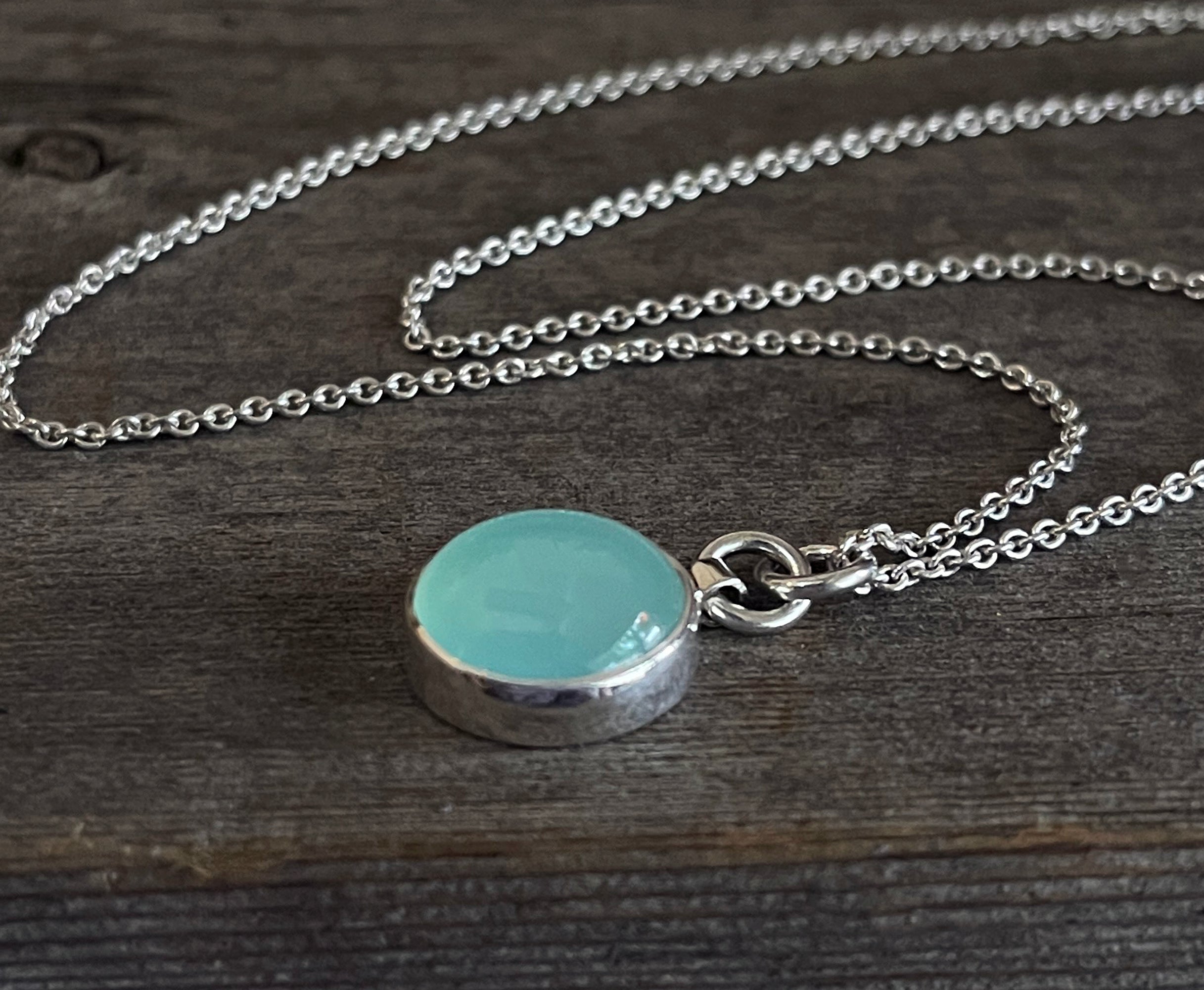 Chalcedony Necklace, Sterling Silver Smooth Cabochon Aqua Chalcedony Minimalist Pendant, Round Layering Necklace, Handmade Gift for Her
