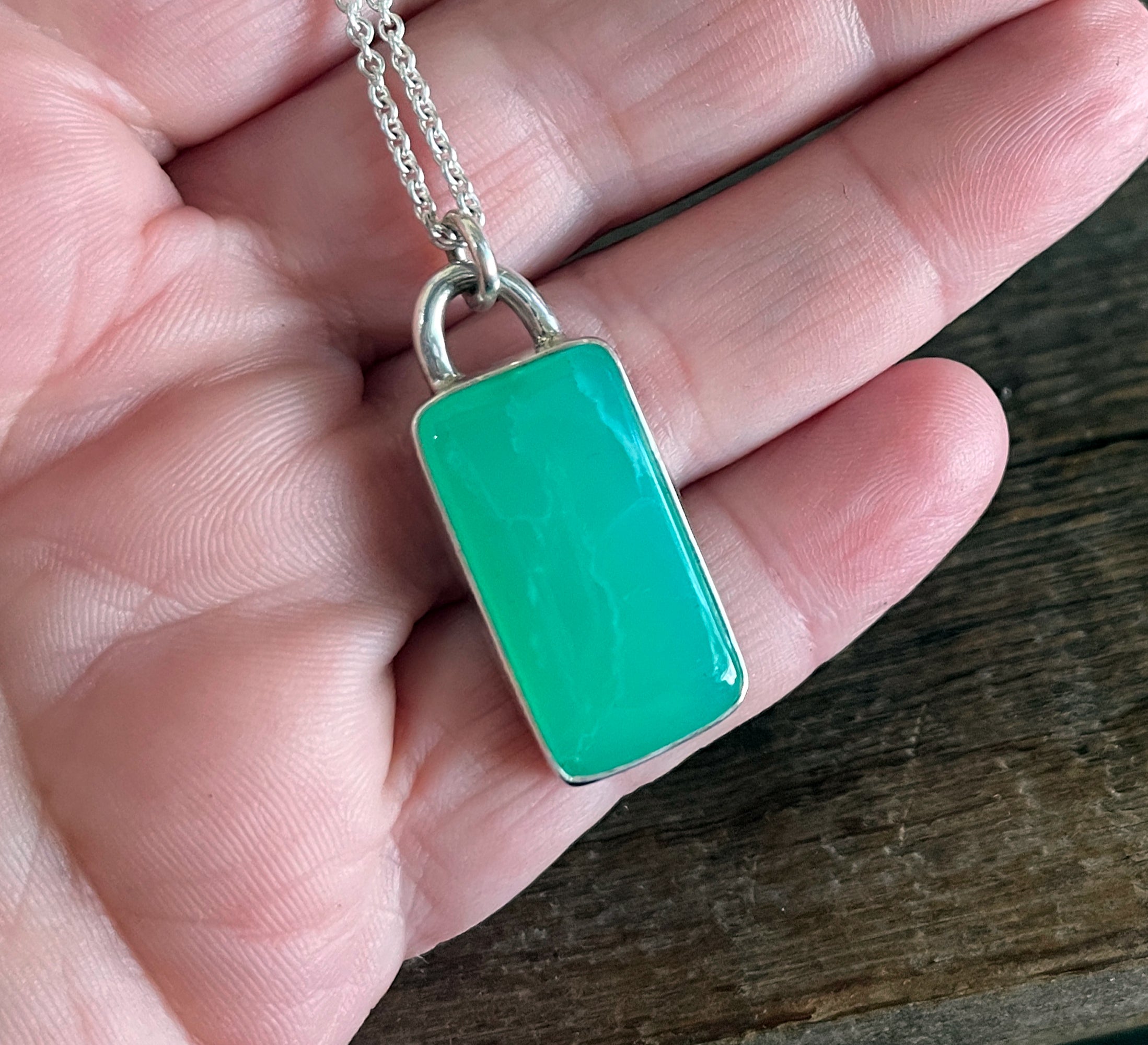 Chrysoprase Necklace, Sterling Silver Long Rectangular Australian Cabochon Chrysoprase Minimalist Layering Necklace, Handmade Gift for Her