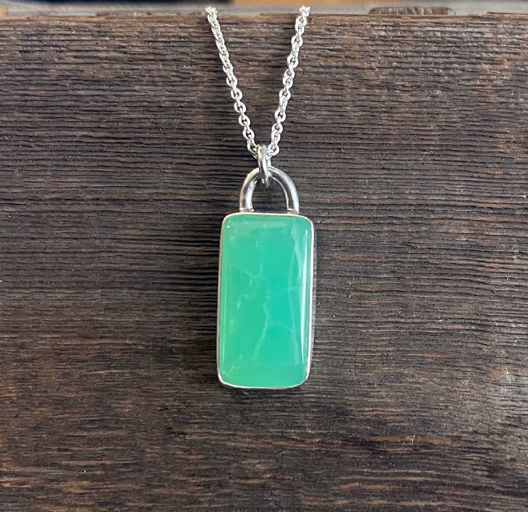 Chrysoprase Necklace, Sterling Silver Long Rectangular Australian Cabochon Chrysoprase Minimalist Layering Necklace, Handmade Gift for Her