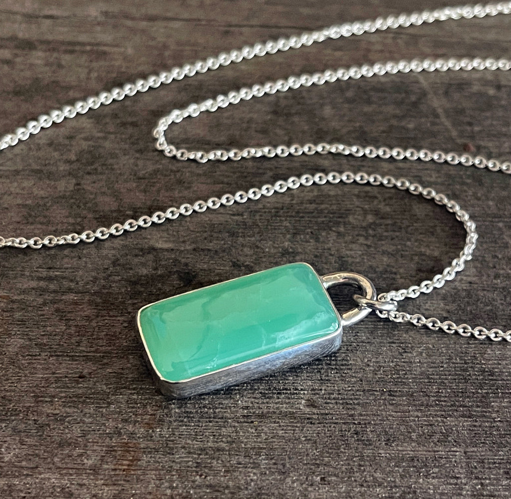 Chrysoprase Necklace, Sterling Silver Long Rectangular Australian Cabochon Chrysoprase Minimalist Layering Necklace, Handmade Gift for Her