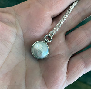 Pearl Pendant Sterling Silver, Coin Pearl Necklace, Layering Necklace, Handmade Necklace, Gift for Her, White Round Pearl Necklace