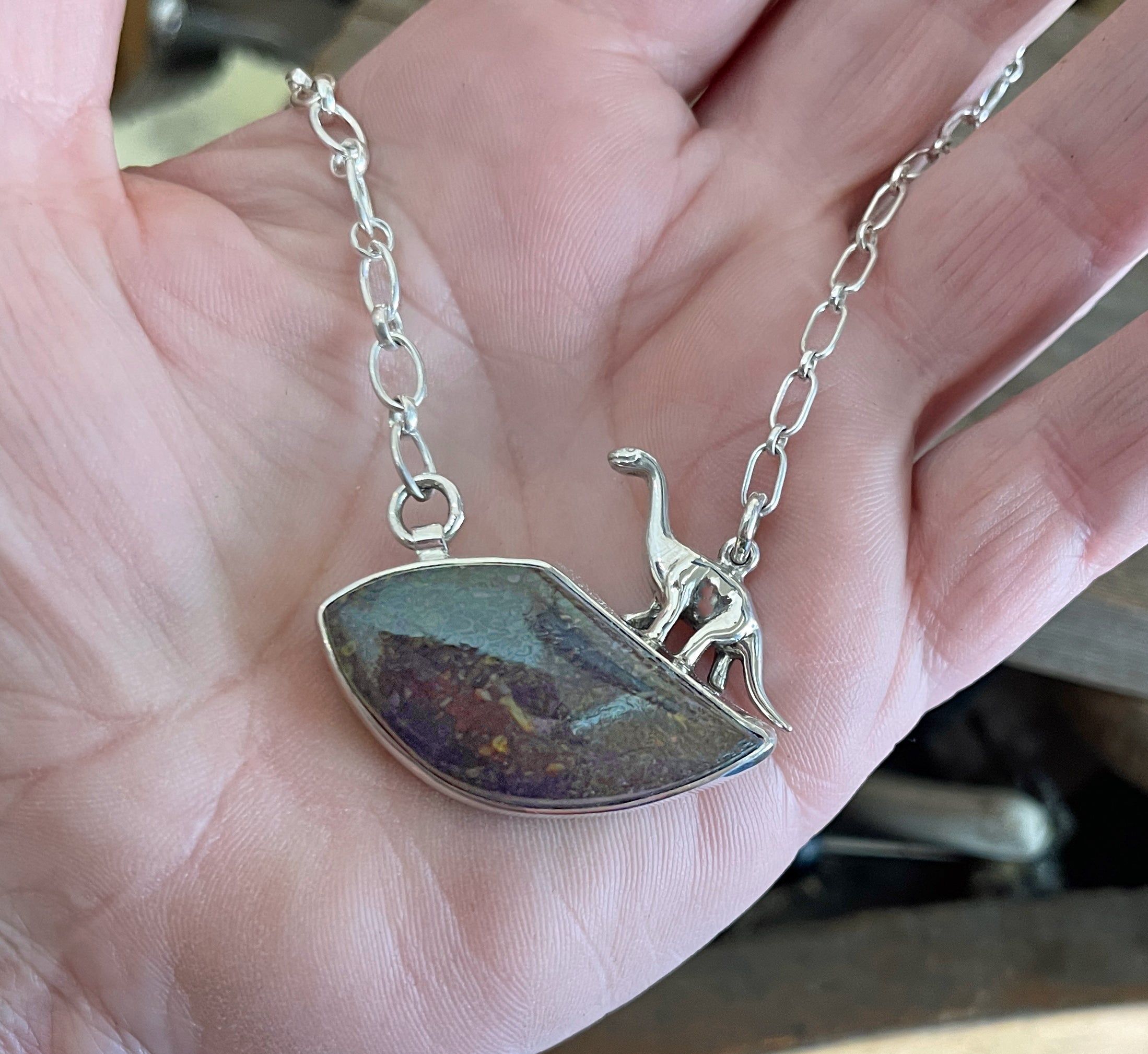 Dinosaur Bone Necklace with Vintage Dinosaur Charm, Sterling Silver One of a Kind Handmade Necklace, Statement Necklace, Gift for Her
