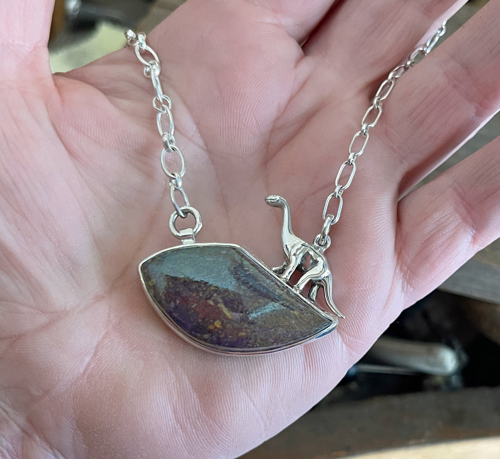 Dinosaur Bone Necklace with Vintage Dinosaur Charm, Sterling Silver One of a Kind Handmade Necklace, Statement Necklace, Gift for Her