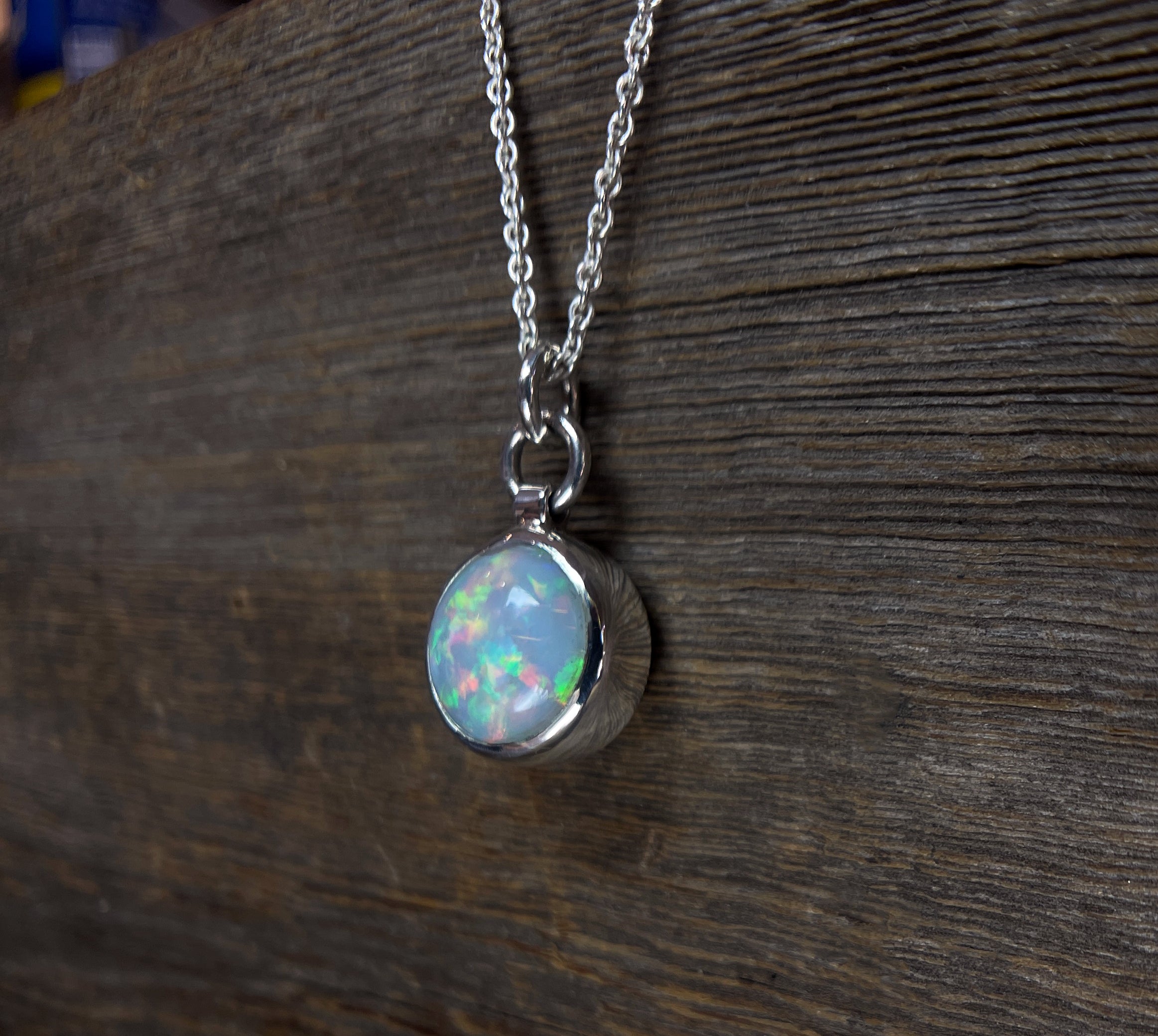 Opal Pendant, Ethiopian Opal Necklace in Sterling Silver, October Birthstone, Round Opal Necklace, Handmade Opal Jewelry, Gift for Her