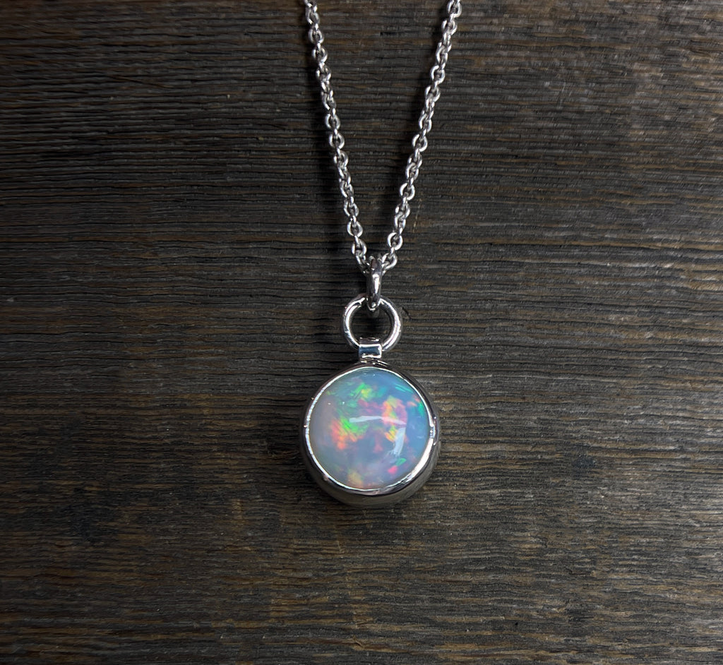 Opal Pendant, Ethiopian Opal Necklace in Sterling Silver, October Birthstone, Round Opal Necklace, Handmade Opal Jewelry, Gift for Her