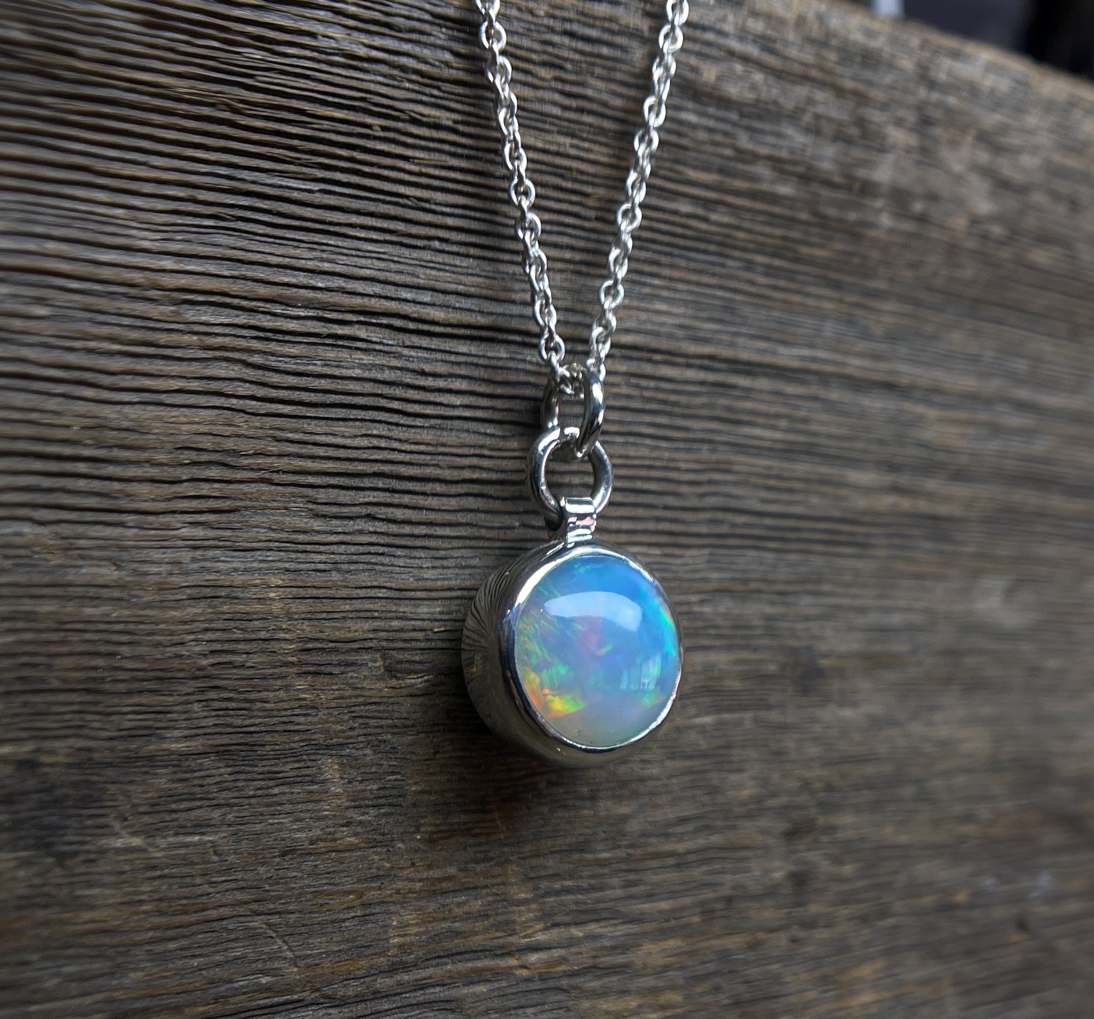 Opal Pendant, Ethiopian Opal Necklace in Sterling Silver, October Birthstone, Round Opal Necklace, Handmade Opal Jewelry, Gift for Her