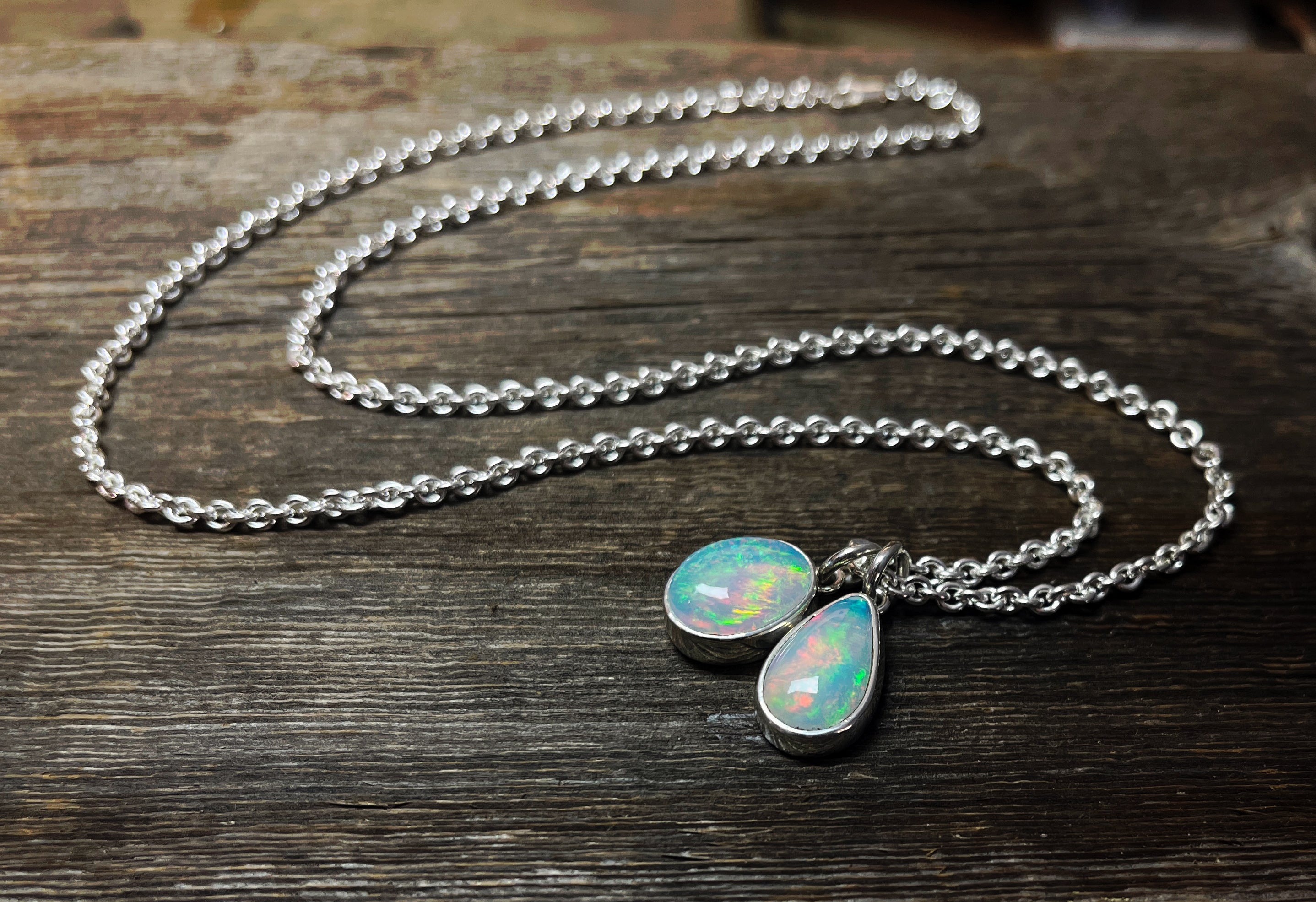 Opal Necklace, Double Opal Pendant, Ethiopian Opal Necklace in Sterling Silver, Layering Necklace, Gift for Her, Gemstone Necklace, Handmade