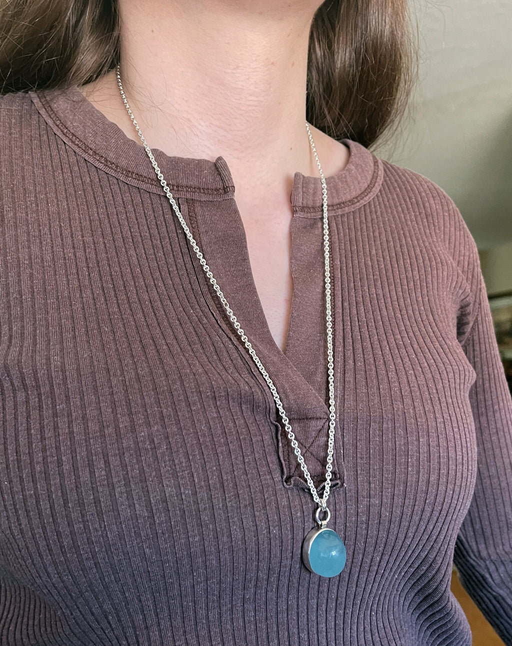 Aquamarine Necklace in Sterling Silver with 28" Long Infinity Chain, Gemstone Necklace on Long Chain, Layering Necklace