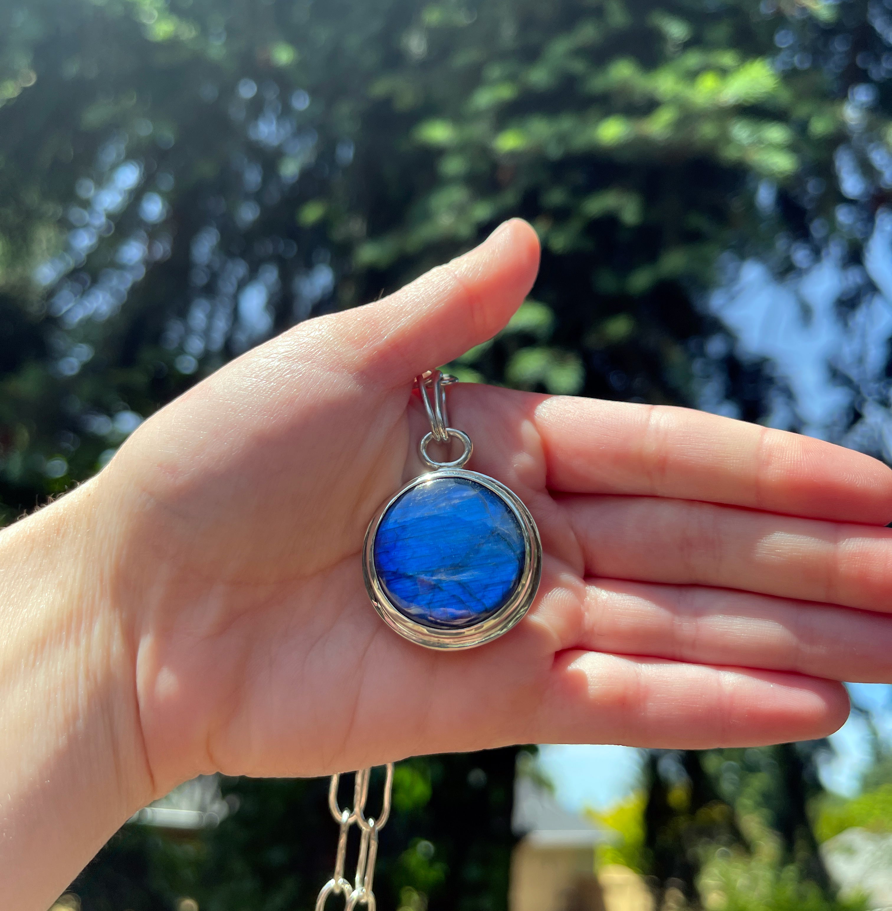 Bold Labradorite Pendant in Sterling Silver with Heavy Handmade Paperclip Chain, Blue Flash Labradorite Statement Necklace, Gift for Her