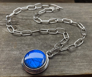 Bold Labradorite Pendant in Sterling Silver with Heavy Handmade Paperclip Chain, Blue Flash Labradorite Statement Necklace, Gift for Her