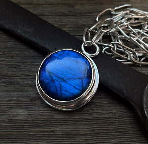 Bold Labradorite Pendant in Sterling Silver with Heavy Handmade Paperclip Chain, Blue Flash Labradorite Statement Necklace, Gift for Her