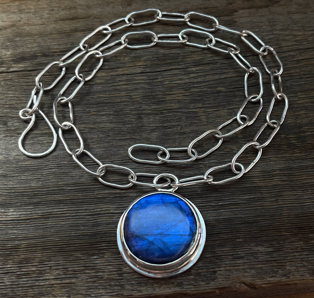 Bold Labradorite Pendant in Sterling Silver with Heavy Handmade Paperclip Chain, Blue Flash Labradorite Statement Necklace, Gift for Her