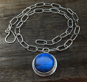 Bold Labradorite Pendant in Sterling Silver with Heavy Handmade Paperclip Chain, Blue Flash Labradorite Statement Necklace, Gift for Her