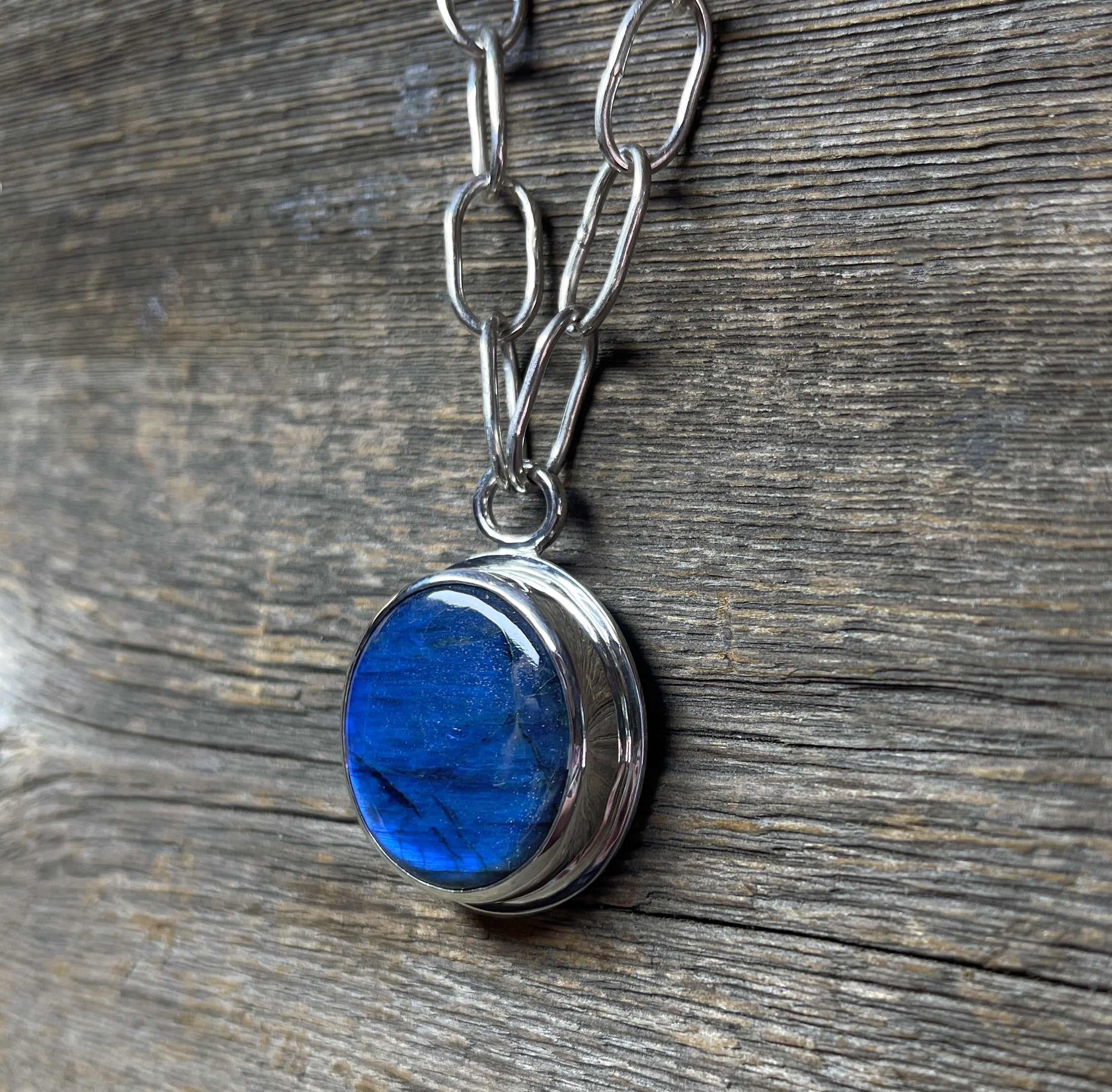 Bold Labradorite Pendant in Sterling Silver with Heavy Handmade Paperclip Chain, Blue Flash Labradorite Statement Necklace, Gift for Her