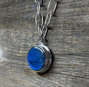 Bold Labradorite Pendant in Sterling Silver with Heavy Handmade Paperclip Chain, Blue Flash Labradorite Statement Necklace, Gift for Her