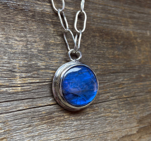 Bold Labradorite Pendant in Sterling Silver with Heavy Handmade Paperclip Chain, Blue Flash Labradorite Statement Necklace, Gift for Her
