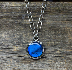 Bold Labradorite Pendant in Sterling Silver with Heavy Handmade Paperclip Chain, Blue Flash Labradorite Statement Necklace, Gift for Her