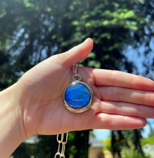 Bold Labradorite Pendant in Sterling Silver with Heavy Handmade Paperclip Chain, Blue Flash Labradorite Statement Necklace, Gift for Her
