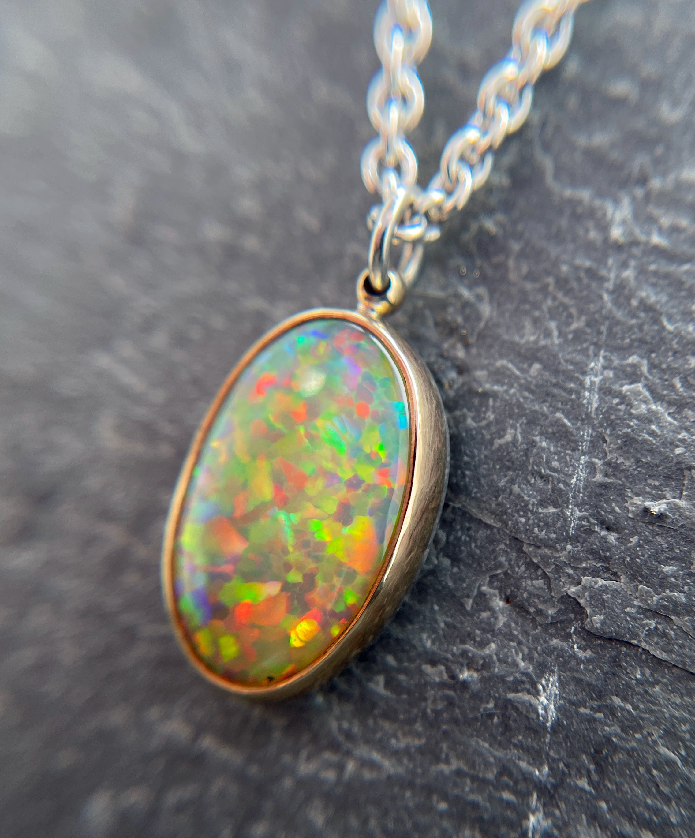 Opal Necklace in Solid 14k Gold and Sterling Silver, Handmade Solid Gold Oval Ethiopian Opal Pendant, Opal Statement Necklace, Gift for Her