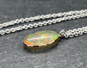 Opal Necklace in Solid 14k Gold and Sterling Silver, Handmade Solid Gold Oval Ethiopian Opal Pendant, Opal Statement Necklace, Gift for Her