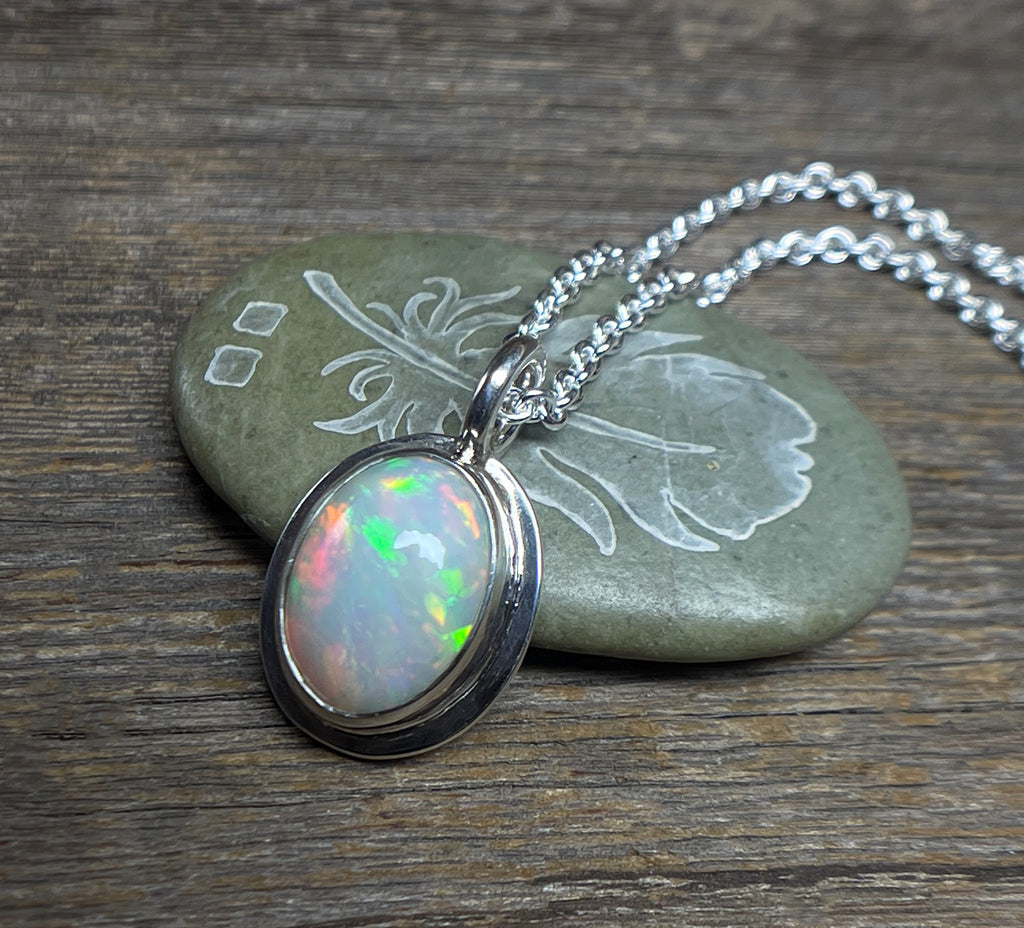 Opal Pendant, Ethiopian Opal Necklace in Sterling Silver, October Birthstone, Large Oval Shaped Opal Necklace, Handmade Opal Jewelry Gift