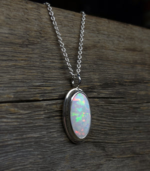 Opal Pendant, Ethiopian Opal Necklace in Sterling Silver, October Birthstone, Oval Opal Necklace, Handmade Opal Jewelry, Gift for Her